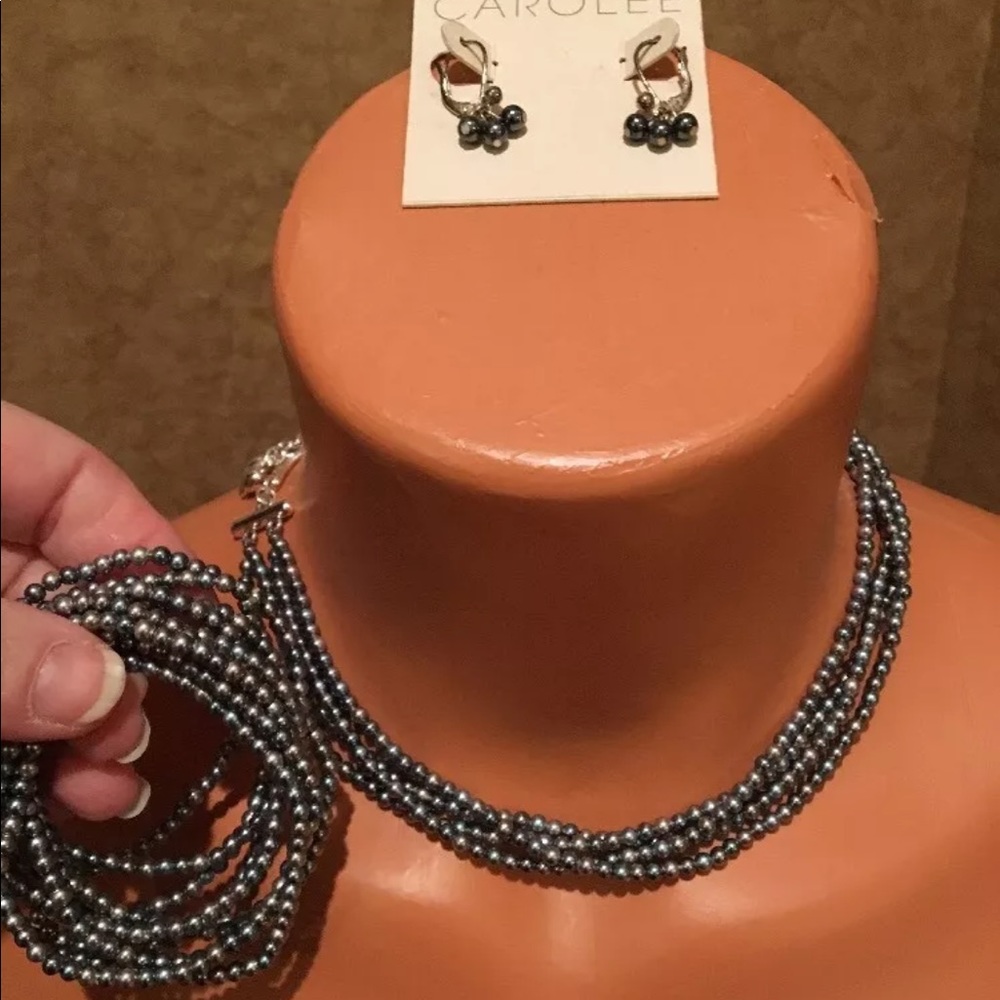 CAROLEE Grey Taupe Multi Strand Necklace Stretch Bracelet Earrings NWT Lot Set